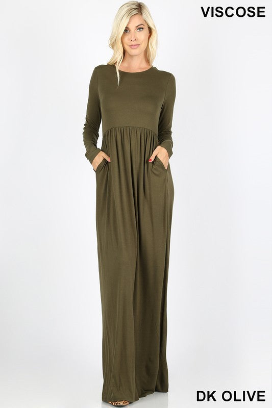 Maxi Dress Solid Pocket Long Sleeve