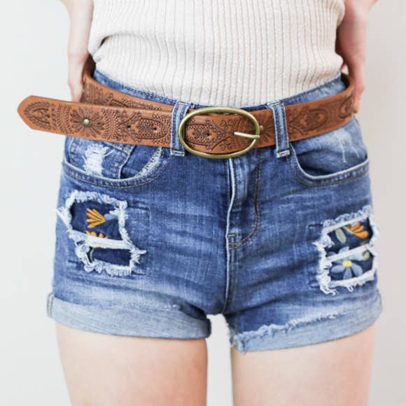 Floral Stitch Oval Buckle Belt