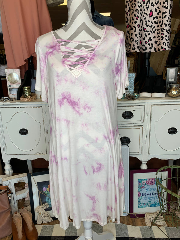 Plus Short Sleeve Fit-n-Flare Dress with Criss Cross