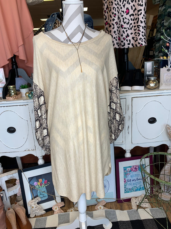 Oatmeal Tunic with Snake Print Sleeves