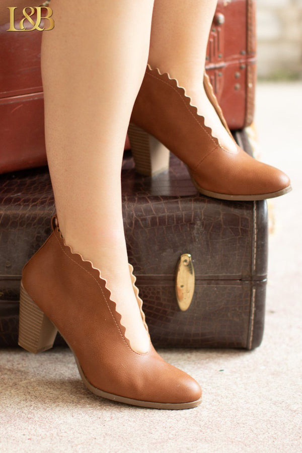 COGNAC SCALLOP EDGE SLIP ON ANKLE BOOTIES
